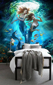 3D Mermaid Ocean World fantasy mermaid underwater scene wall mural wallpaper for kids room - view 2