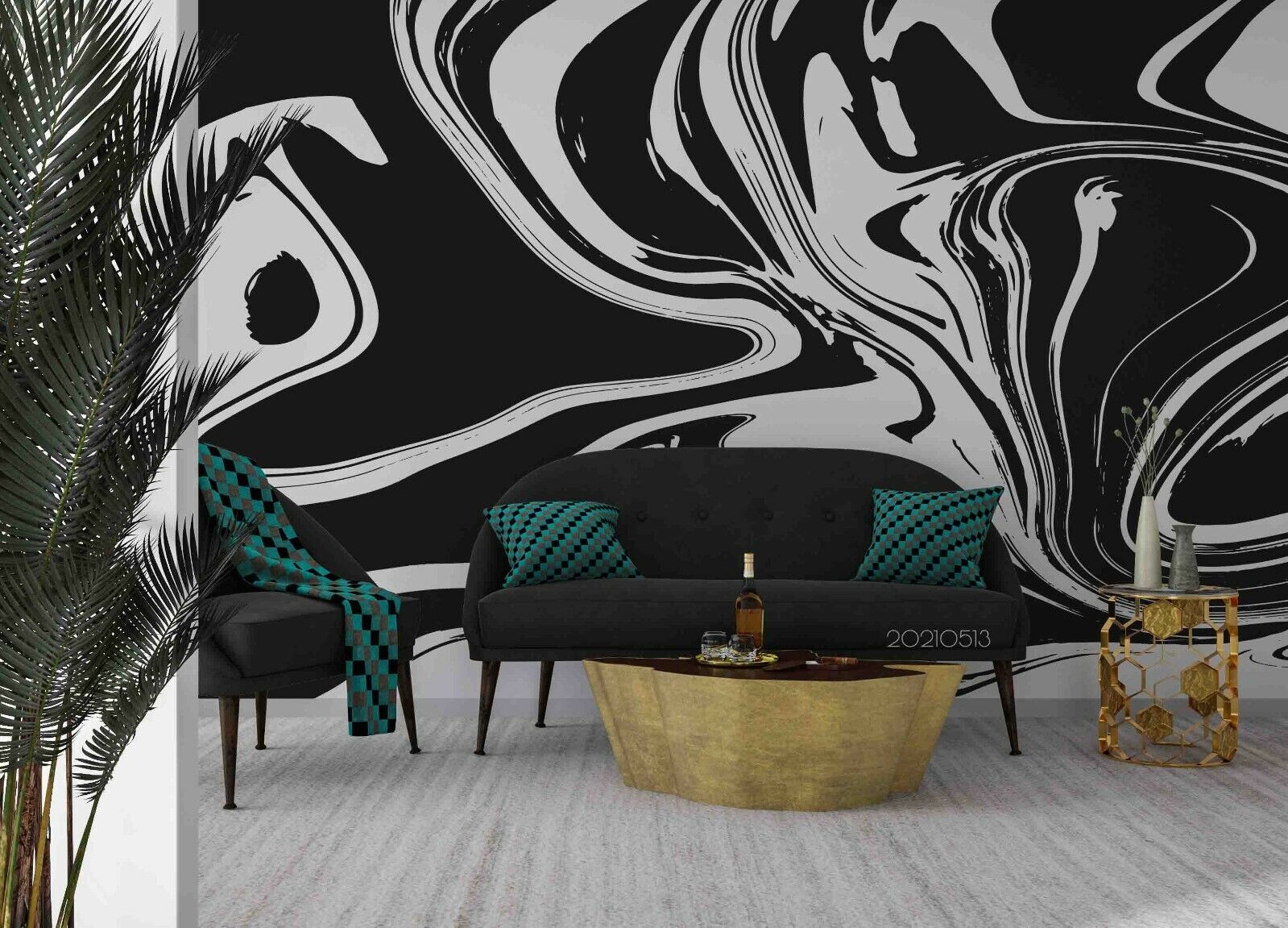 3D Black White Ripple bold black white ripple pattern wall mural wallpaper for living room - view 3