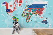 3D World Map Flag Blue Wall Mural Wallpaper YXL 984