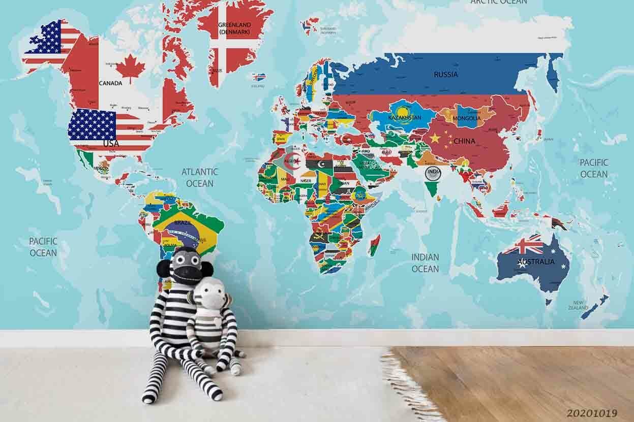 3D World Map Flag Blue Wall Mural Wallpaper YXL 984