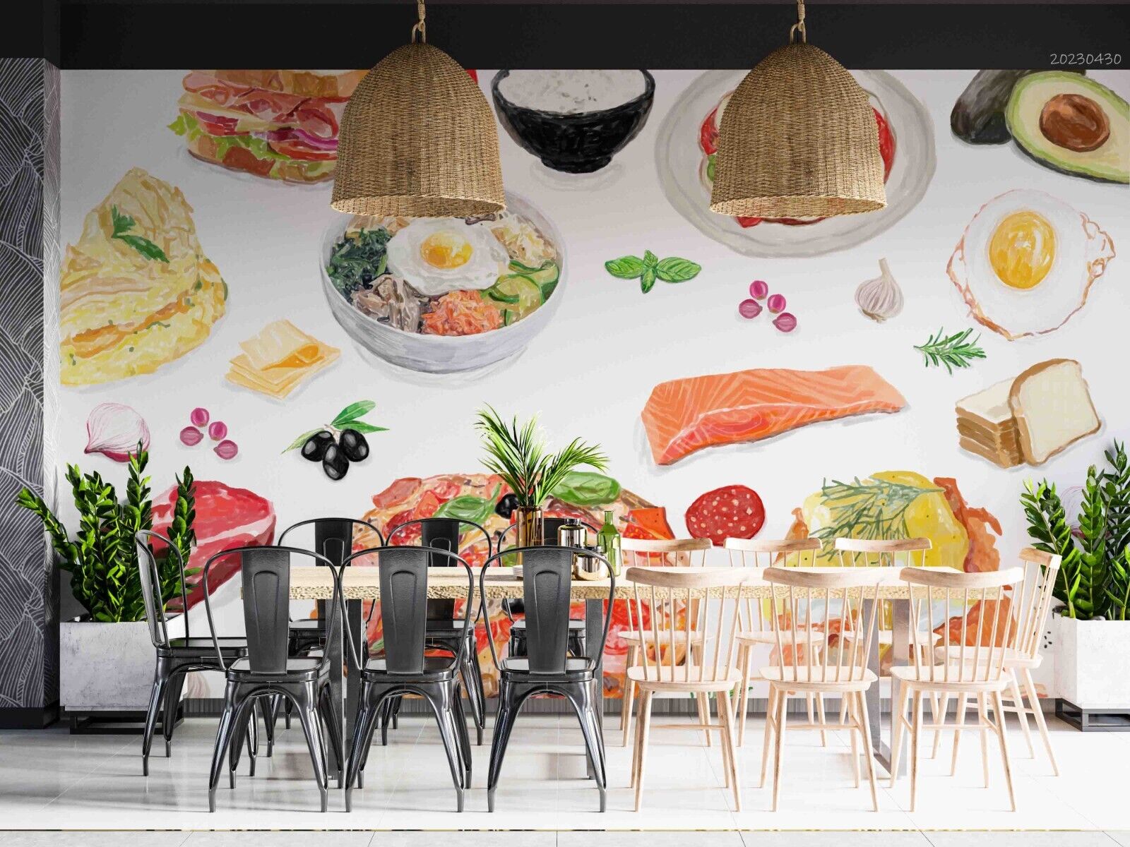 Salmon Pizza Cake Egg Noodle Wallpaper cafe & food wall mural for cafe, restaurant or shop interior - view 4