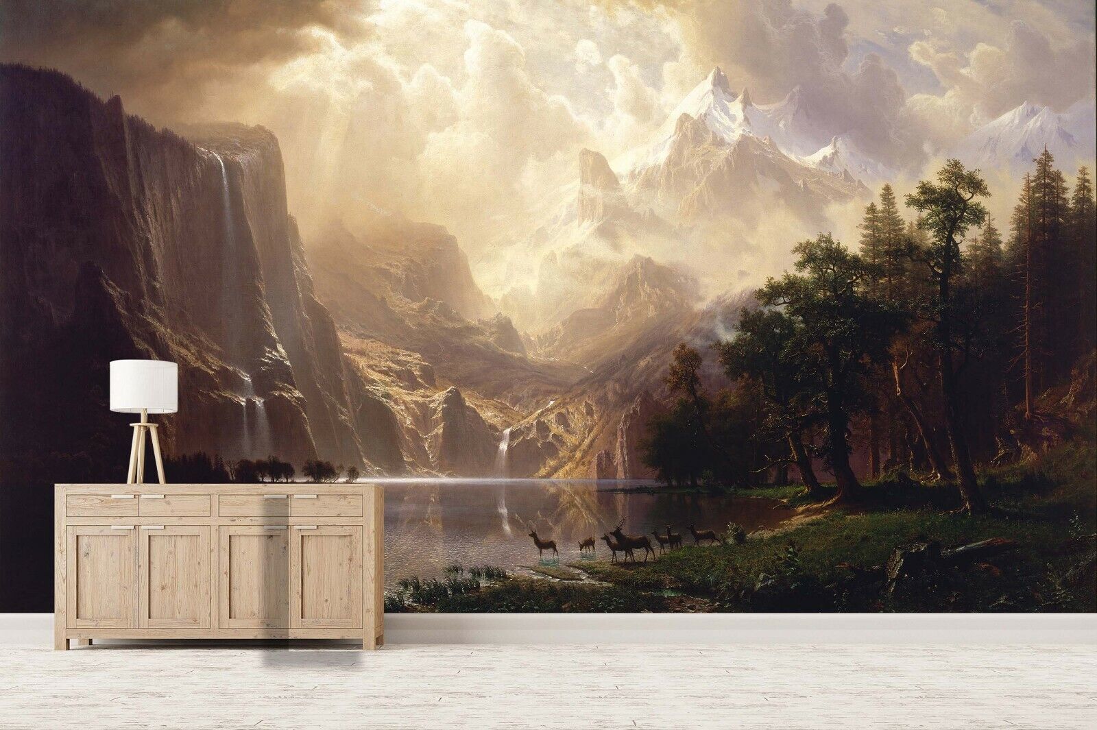 3D Sunlit Deer Mountain sunlit mountain deer landscape wall mural wallpaper for bedroom - view 2