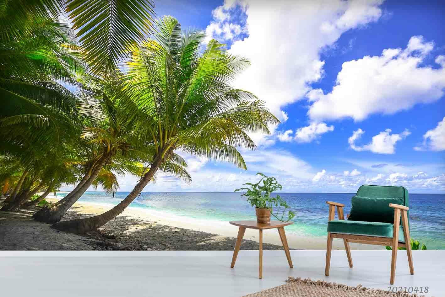 3D Palm Beach Ocean palm tree ocean landscape wall mural wallpaper for living room - view 2