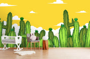 3D Yellow Cactus Sky playful desert cactus illustration wall mural wallpaper for kids room - view 3