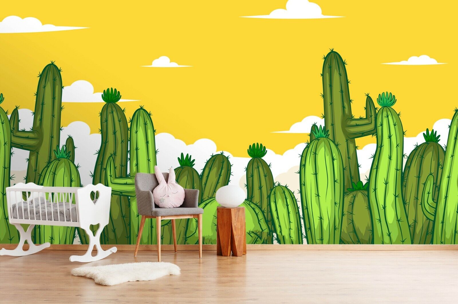 3D Yellow Cactus Sky playful desert cactus illustration wall mural wallpaper for kids room - view 3