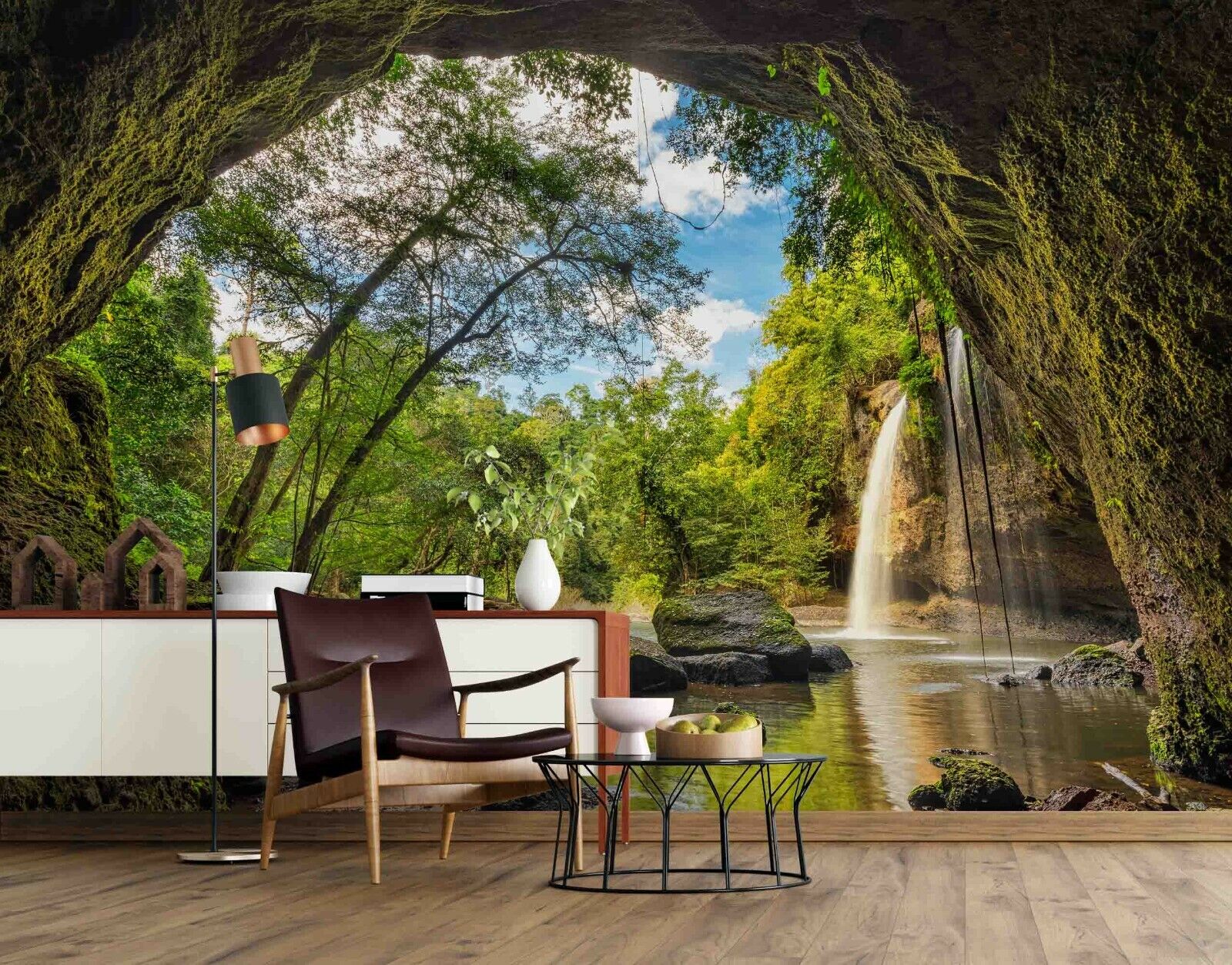 3D Mountain Falls Forest forest path waterfall view wall mural wallpaper for bedroom - view 3