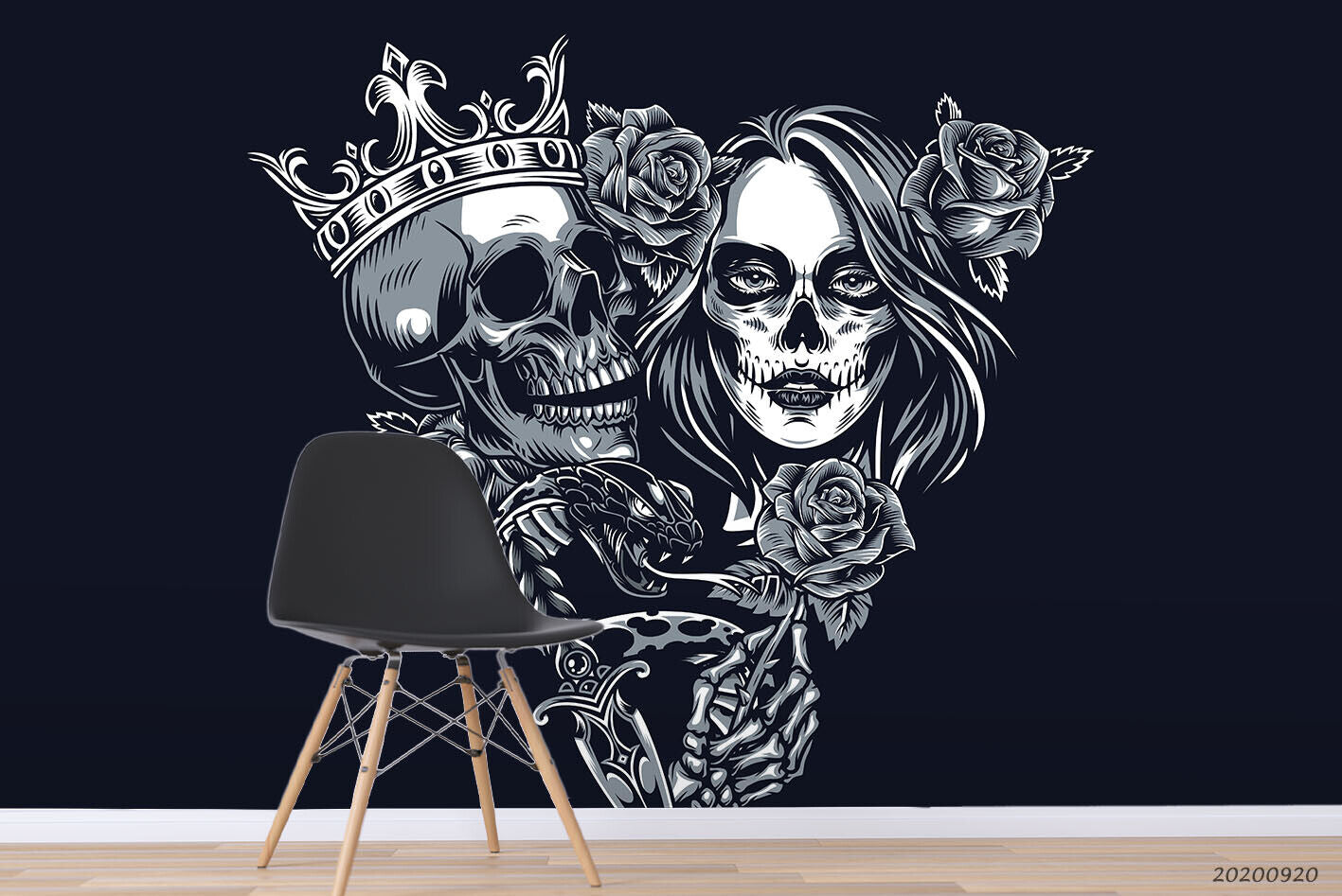 Floral Skull Rose Crown Gothic Wallpaper gothic street art wall mural for bedroom or studio - view 3