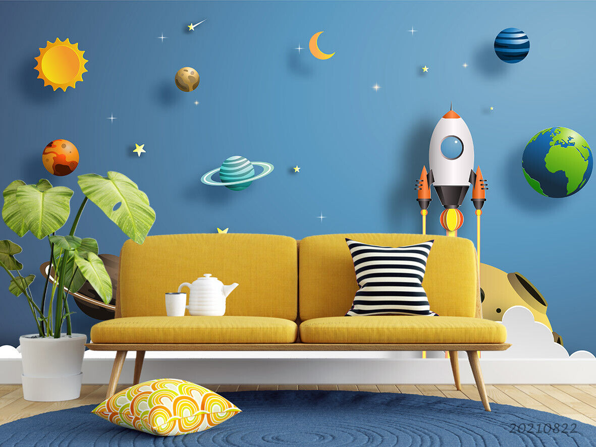 3D Rocket Solar System rocket solar system space scene wall mural wallpaper for kids room - view 3