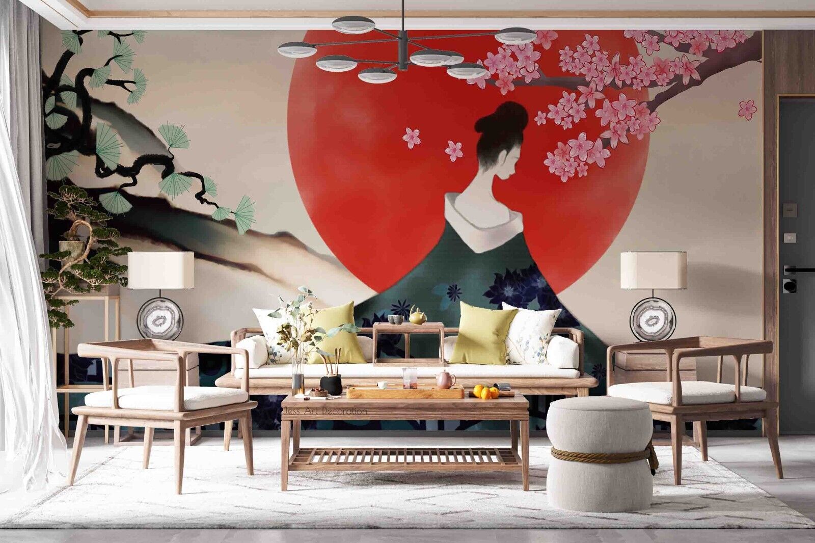 3D Cartoon Sun Floral Tree Woman Wall Mural Wallpaper YXL 763
