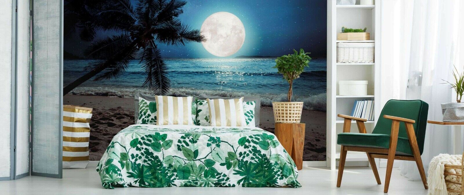 3D Moonlit Beach Palm moonlit tropical beach scene wall mural wallpaper for bedroom - view 2