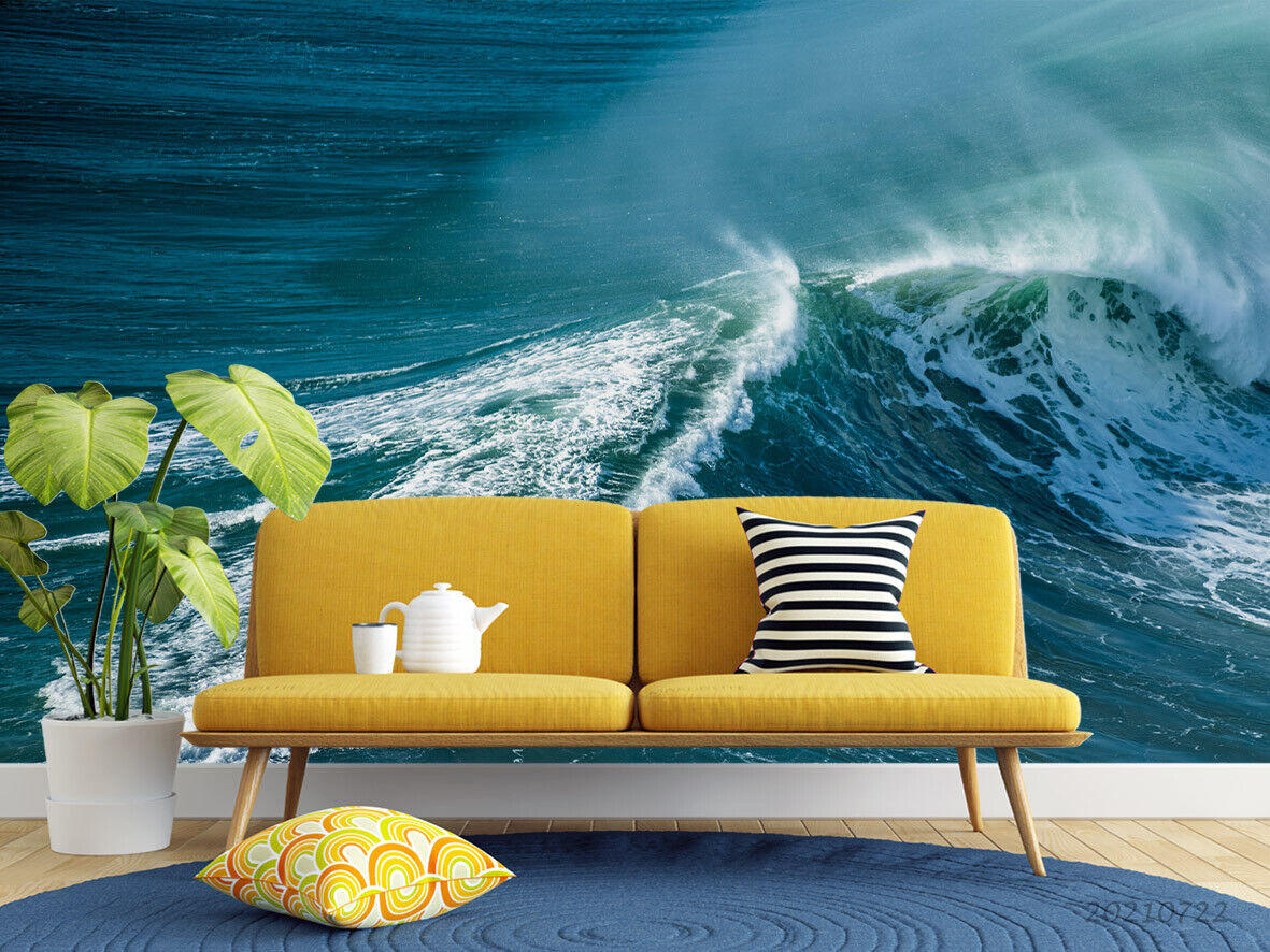 3D Blue Ocean Wave Splash powerful blue ocean wave wall mural wallpaper for kids room - view 3