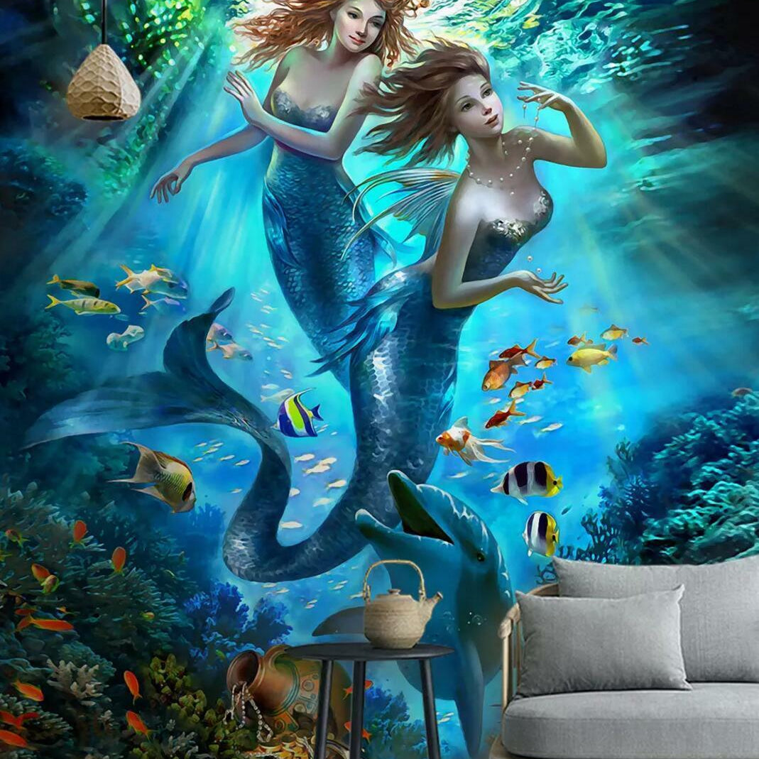 3D Mermaid Ocean World fantasy mermaid underwater scene wall mural wallpaper for kids room - view 3