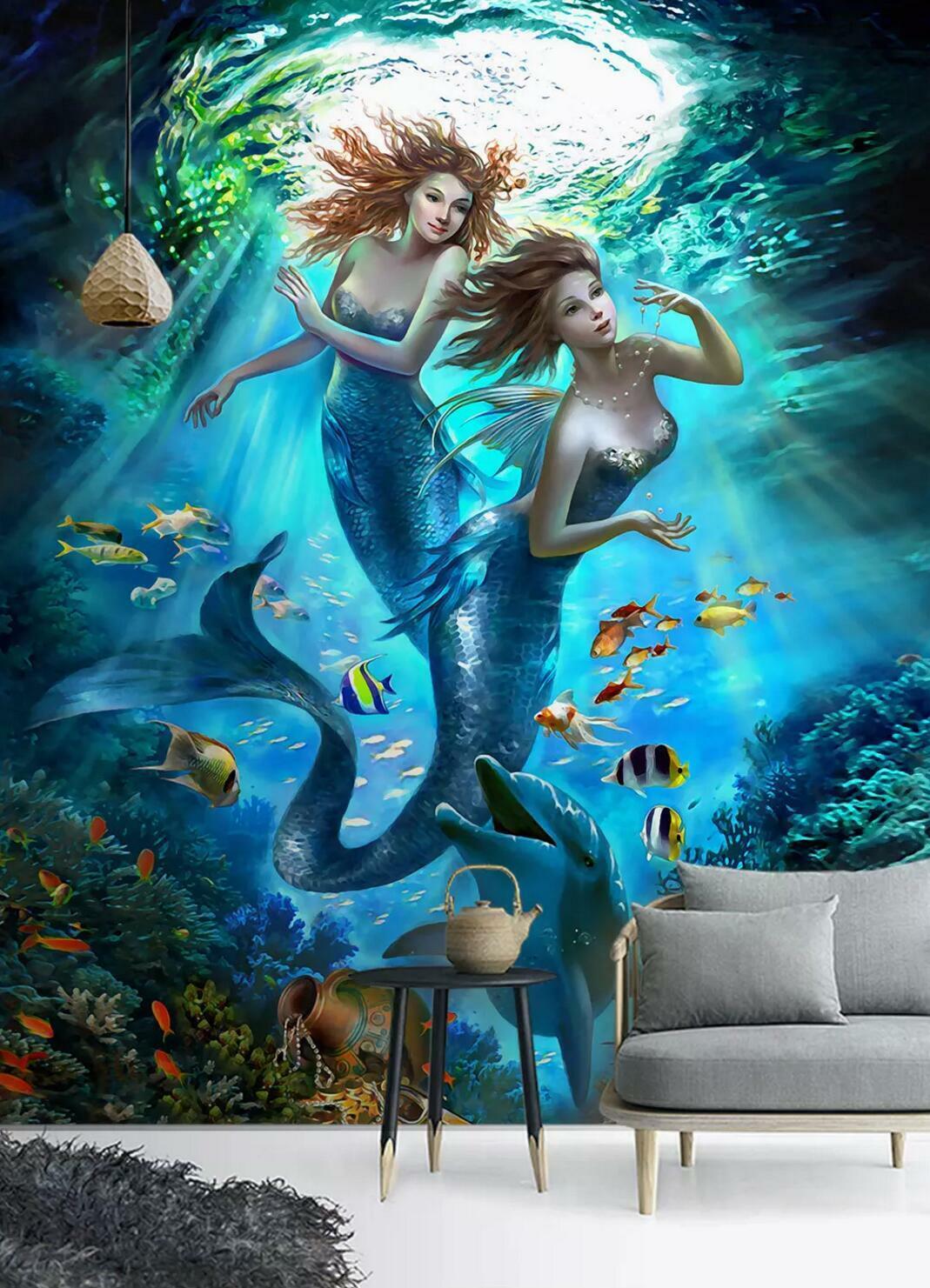 3D Mermaid Ocean World fantasy mermaid underwater scene wall mural wallpaper for kids room - view 3