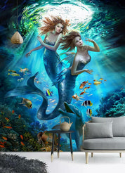 3D Mermaid Ocean World fantasy mermaid underwater scene wall mural wallpaper for kids room - view 3