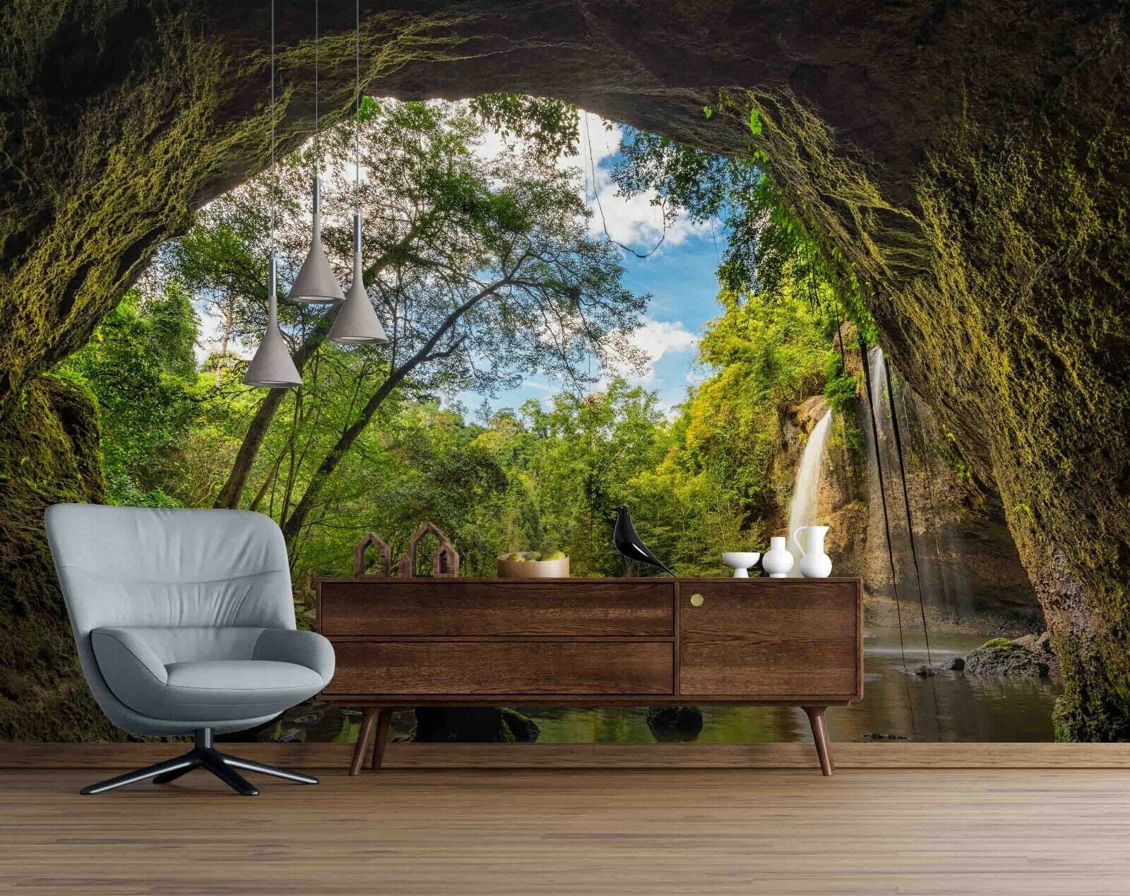 3D Mountain Falls Forest forest path waterfall view wall mural wallpaper for bedroom - view 4