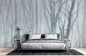 3D Forest Tree Trunk Fog Deer Gray Wall Mural Wallpaper YXL 844