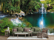 3D Forest Waterfall Lake lush forest waterfall landscape wall mural wallpaper for bedroom - view 4
