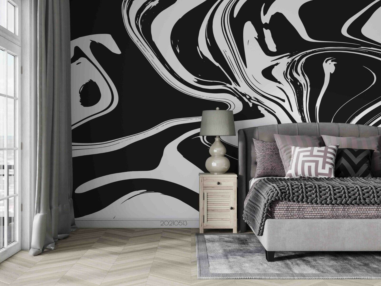 3D Black White Ripple bold black white ripple pattern wall mural wallpaper for living room - view 4