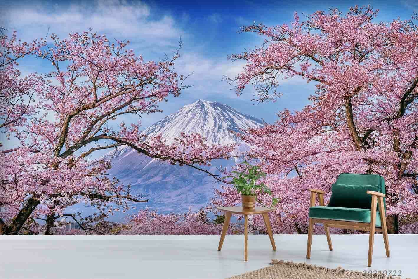 3D Sakura Mountain Sky cherry blossom mountain landscape wall mural wallpaper for living room - view 3