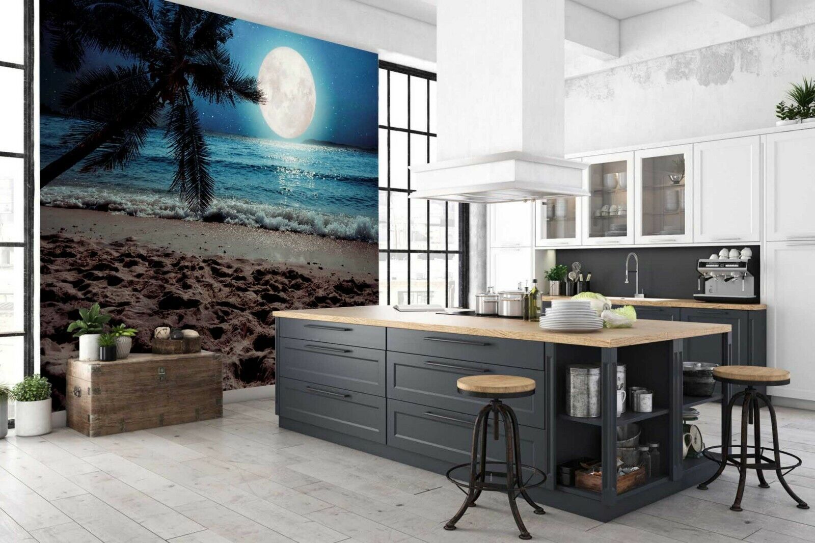 3D Moonlit Beach Palm moonlit tropical beach scene wall mural wallpaper for bedroom - view 3