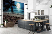 3D Moonlit Beach Palm moonlit tropical beach scene wall mural wallpaper for bedroom - view 3