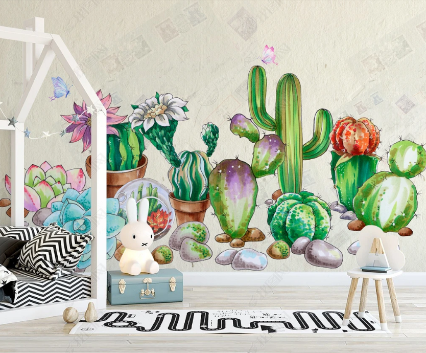 3D Succulent Cactus Garden playful cactus and succulent illustration wall mural wallpaper for kids room - view 3