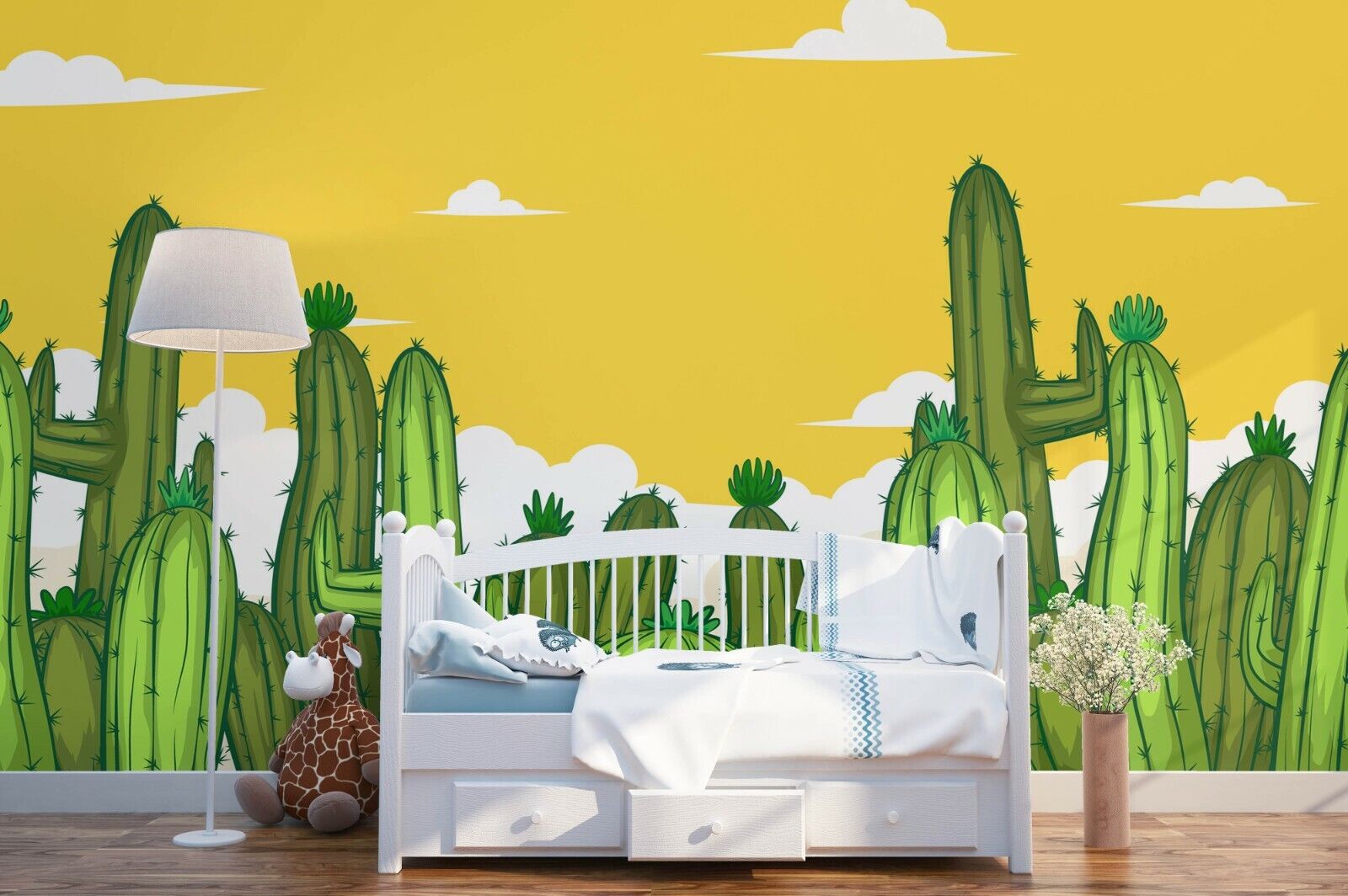 3D Yellow Cactus Sky playful desert cactus illustration wall mural wallpaper for kids room - view 2