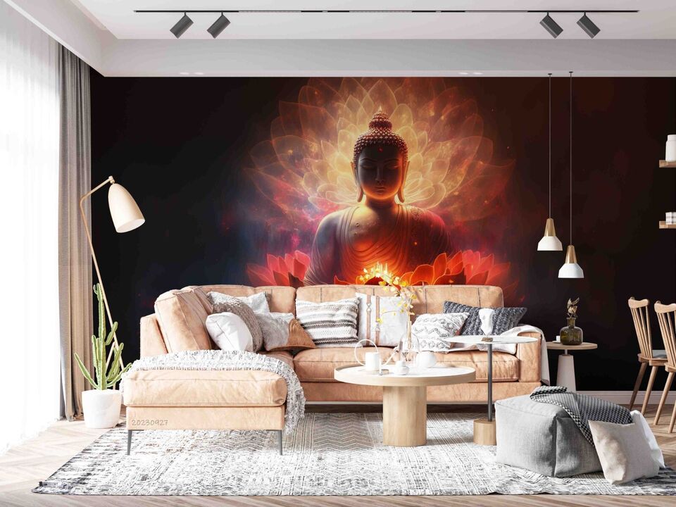 3D Buddha Lotus Light warm Buddha lotus meditation scene wall mural wallpaper for living room