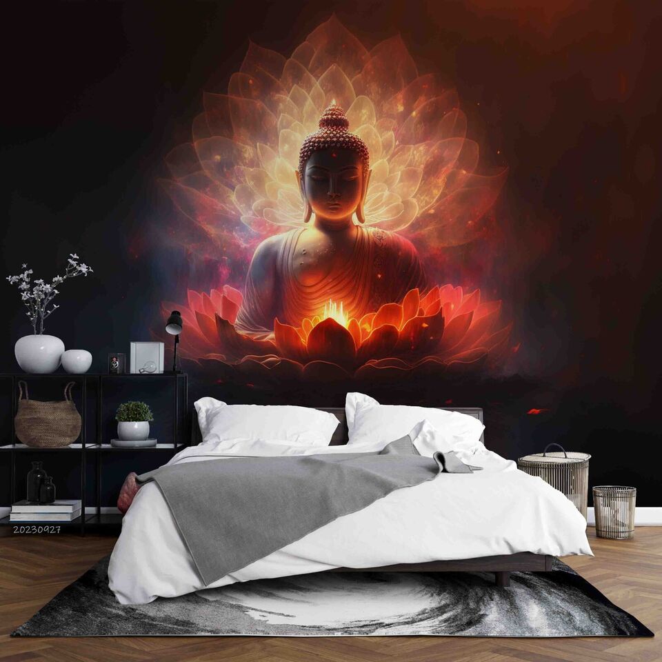 3D Buddha Lotus Light warm Buddha lotus meditation scene wall mural wallpaper for living room - view 2