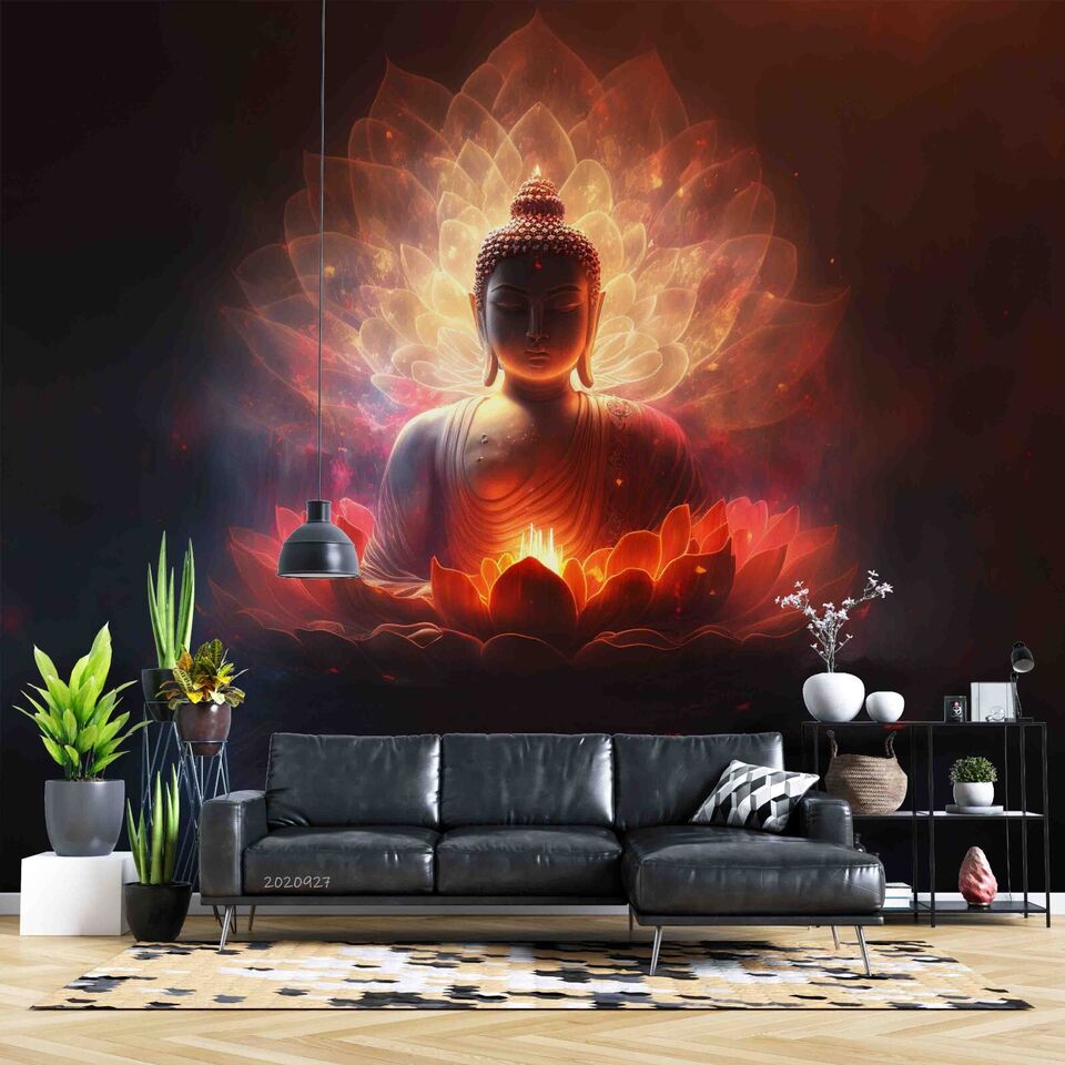 3D Buddha Lotus Light warm Buddha lotus meditation scene wall mural wallpaper for living room - view 4