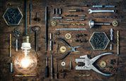 3D Retro Metal Tool Light Bulb Steampunk Wallpaper Wall Mural Wall Decor Wall Art Wall Sticker Remoable Wallpaper
