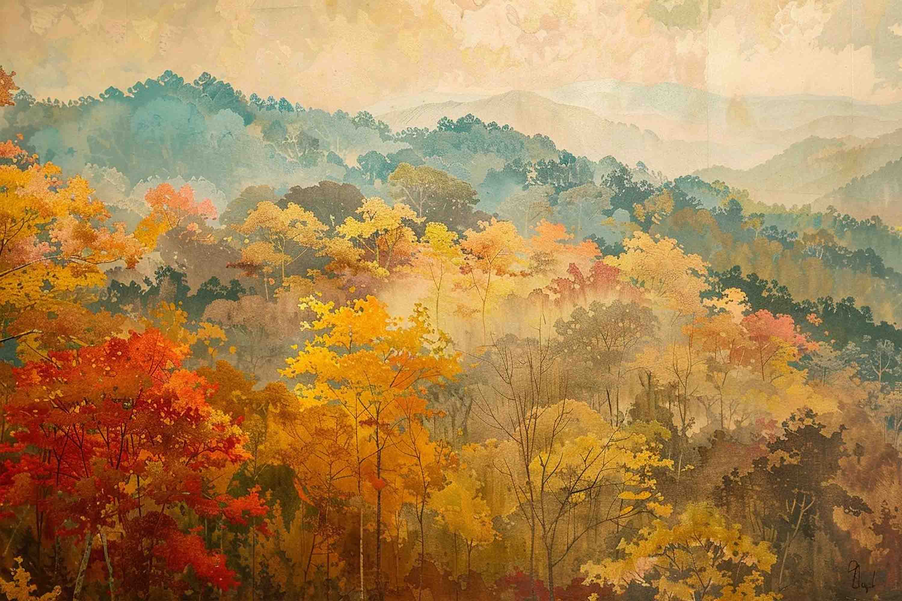 3D Watercolor Fall Forest Mountains Scenery Wallpaper Wall Mural Wall Decor Wall Art Wall Sticker Remoable Wallpaper LQH 5