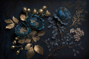 3D Blue Floral Gold Leaves Dark Background Wallpaper Wall Mural Wall Decor Wall Art Wall Sticker Remoable Wallpaper