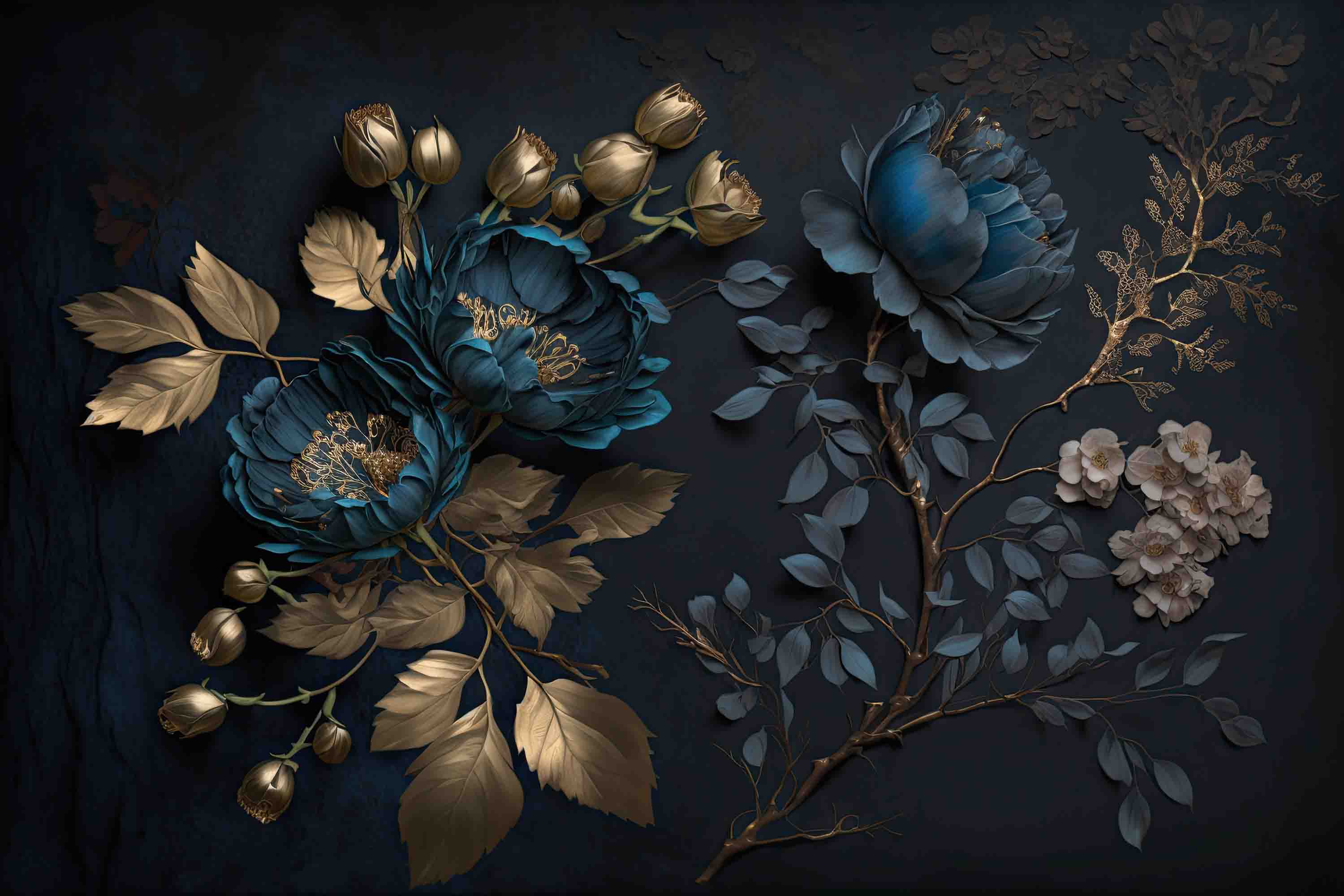 3D Blue Floral Gold Leaves Dark Background Wallpaper Wall Mural Wall Decor Wall Art Wall Sticker Remoable Wallpaper