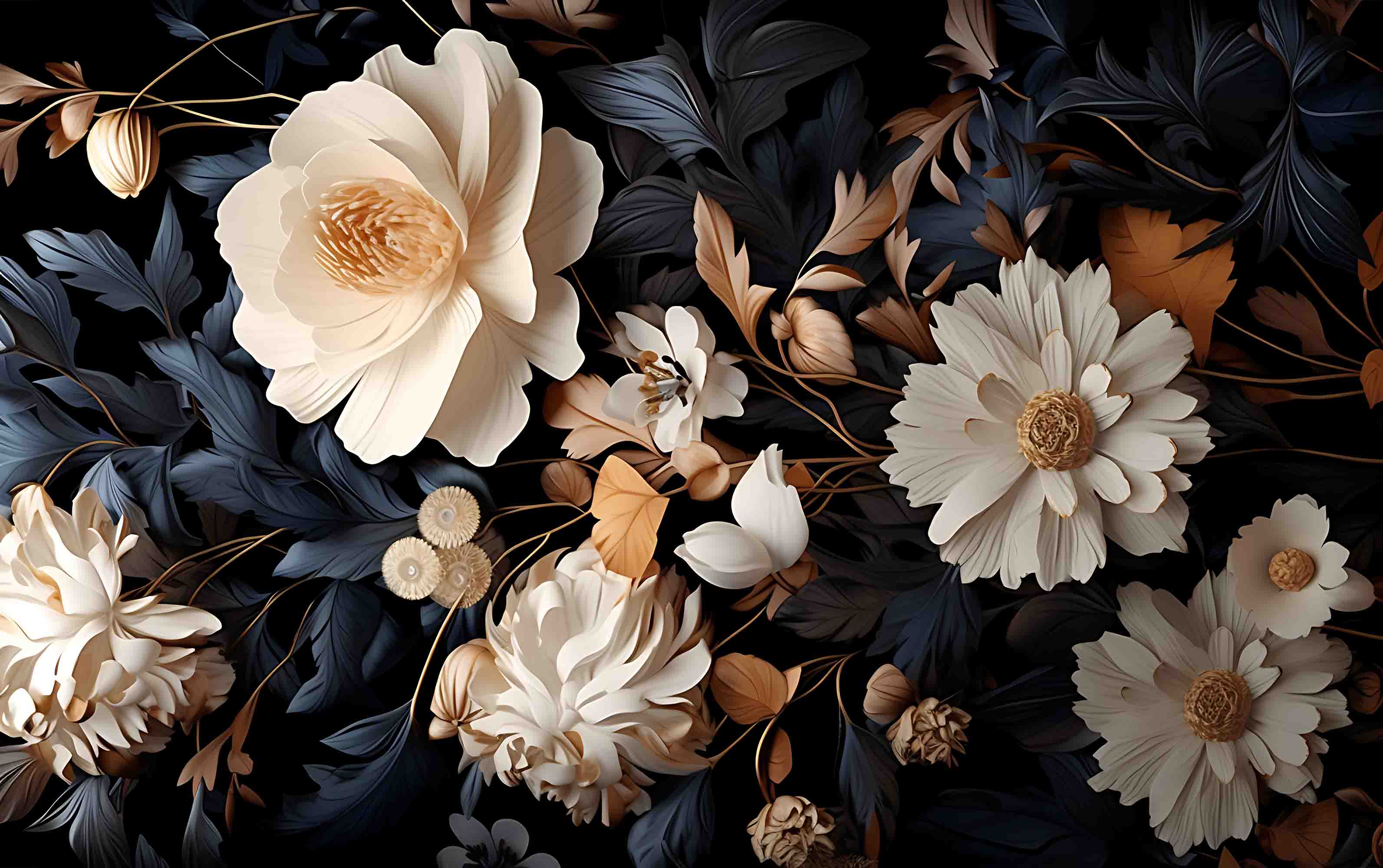 3D Floral Leaves Dark Background Wallpaper Wall Mural Wall Decor Wall Art Wall Sticker Remoable Wallpaper