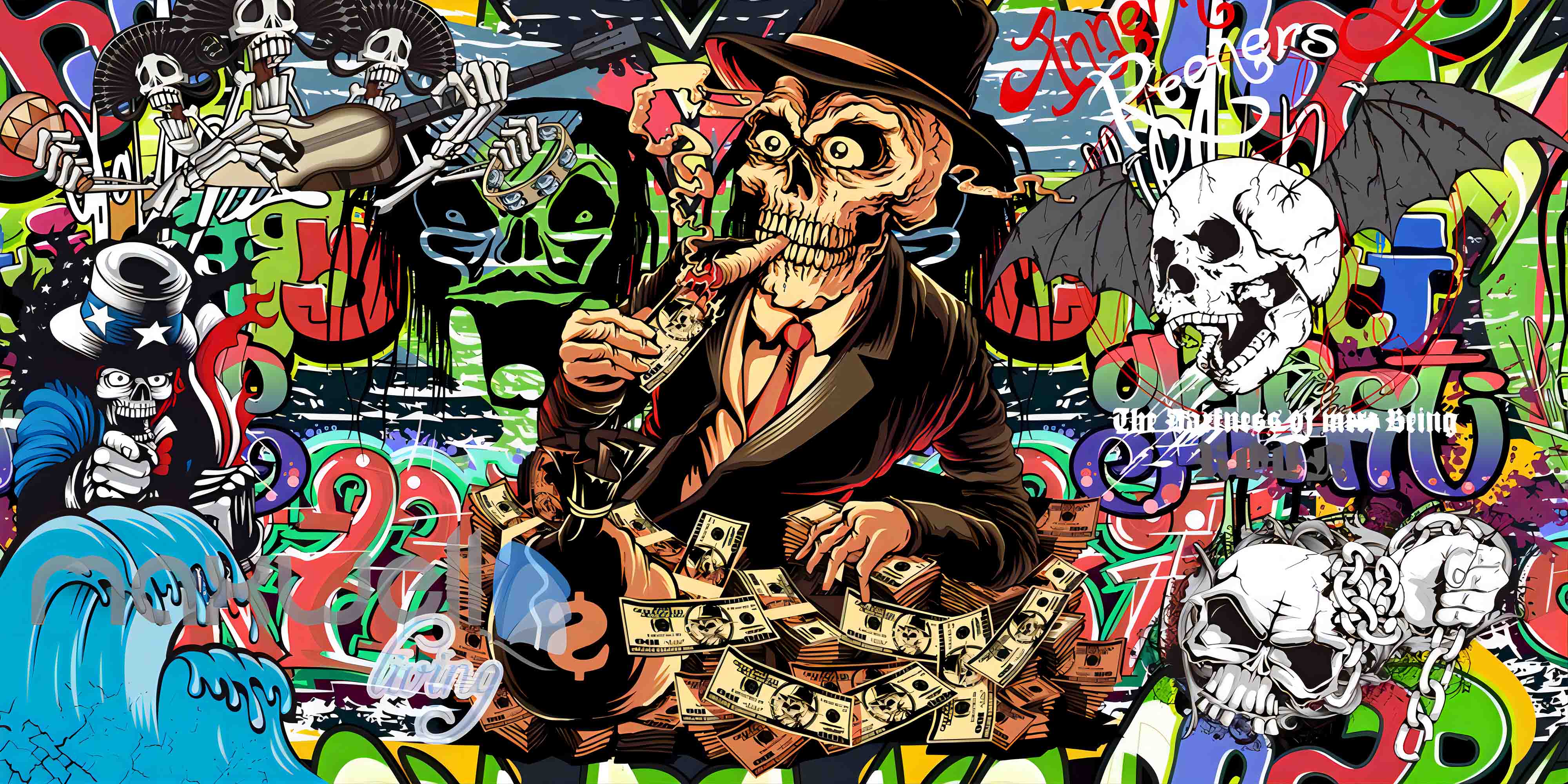 3D Graffiti Skull Skeleton Hands Guitar Wall Mural Wallpaper YXL 2652