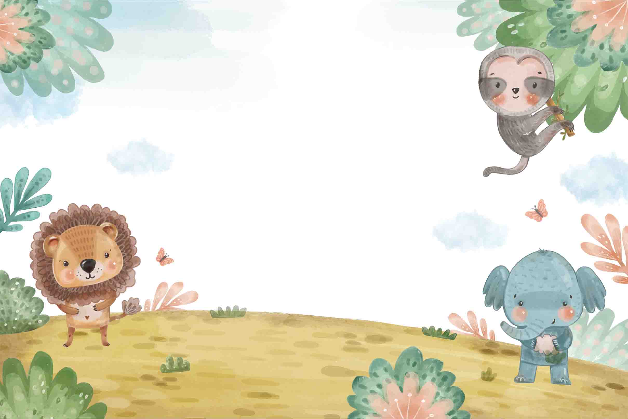 3D Cartoon Animals Kids Elephant Monkey Lion Scenery Wall Mural Wallpaper JN