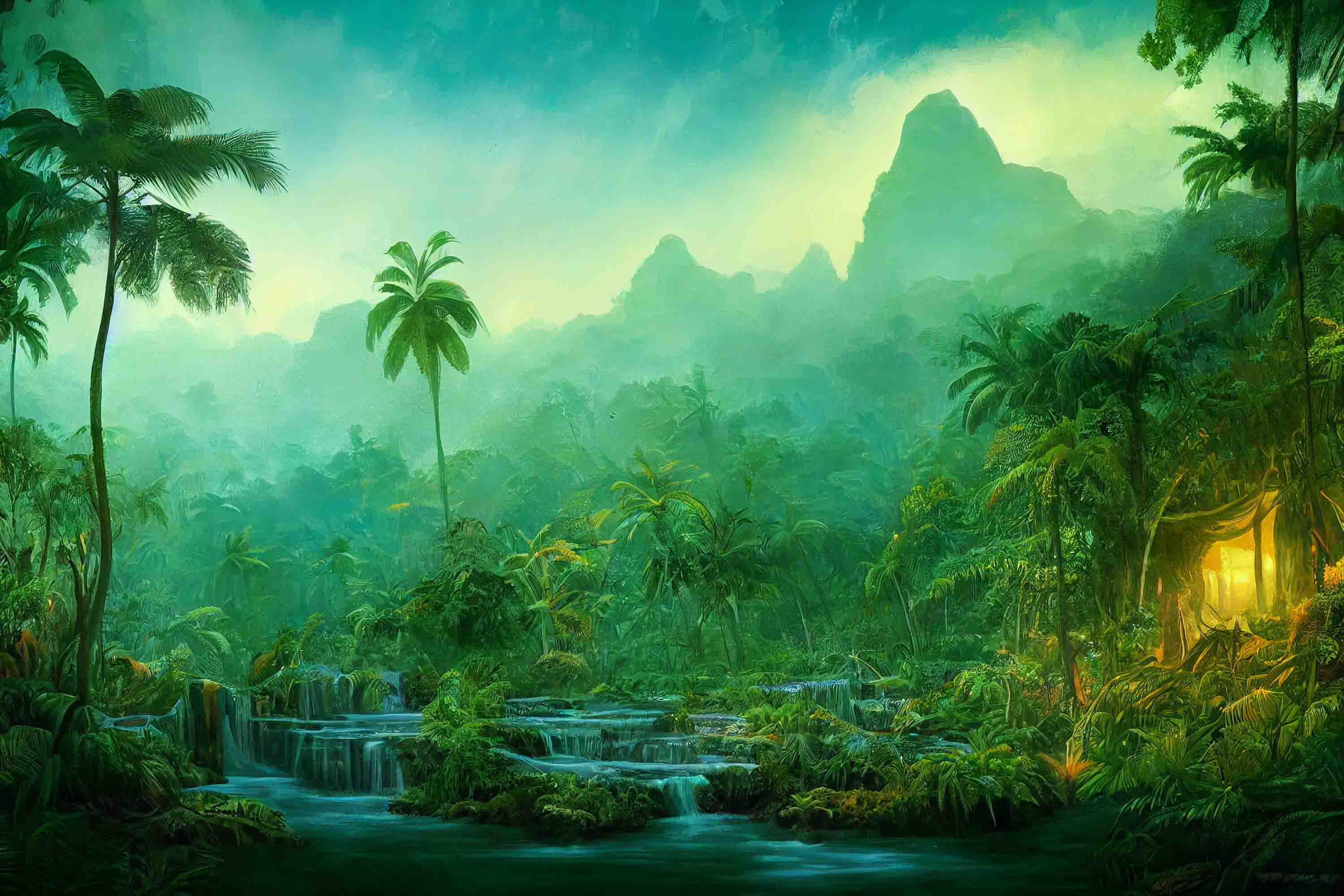 3D Tropical Forest Coconut Trees Mountains River Scenery Wallpaper Wall Mural Wall Decor Wall Art Wall Sticker Remoable Wallpaper LQH 2
