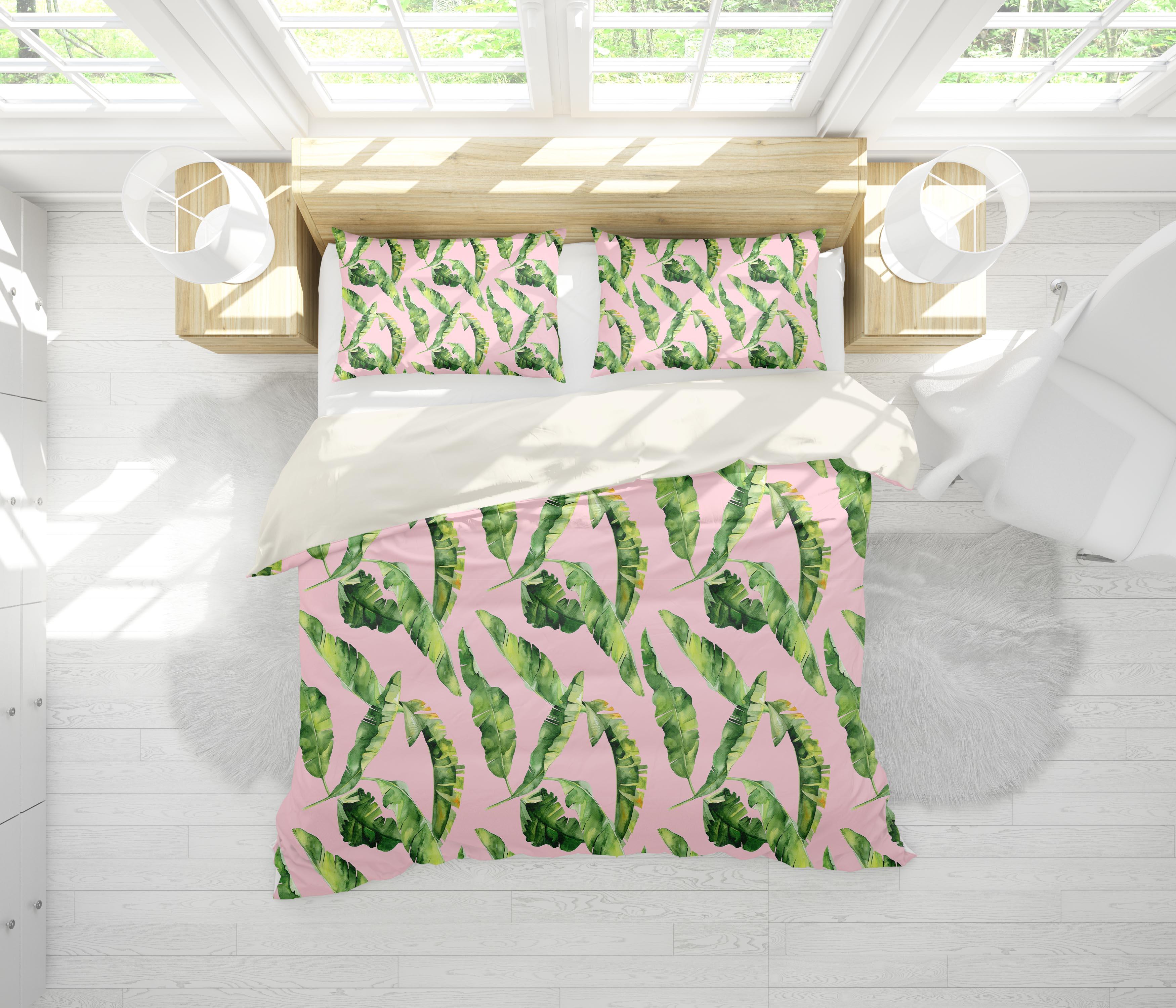 3D Pink Green Tropical Leaves Quilt Cover Set Bedding Set Pillowcases 109- Jess Art Decoration