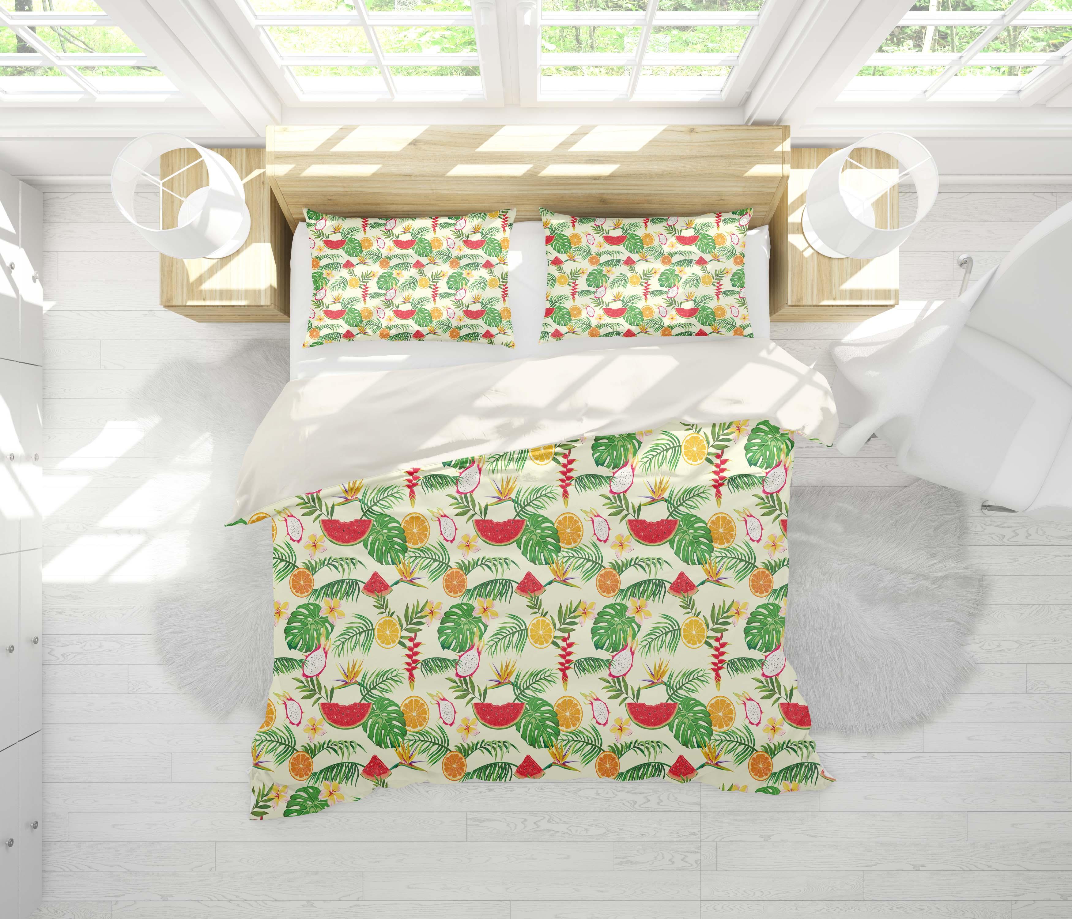 3D Watermelon Orange Dragon Fruit Leaves Quilt Cover Set Bedding Set Pillowcases 195- Jess Art Decoration