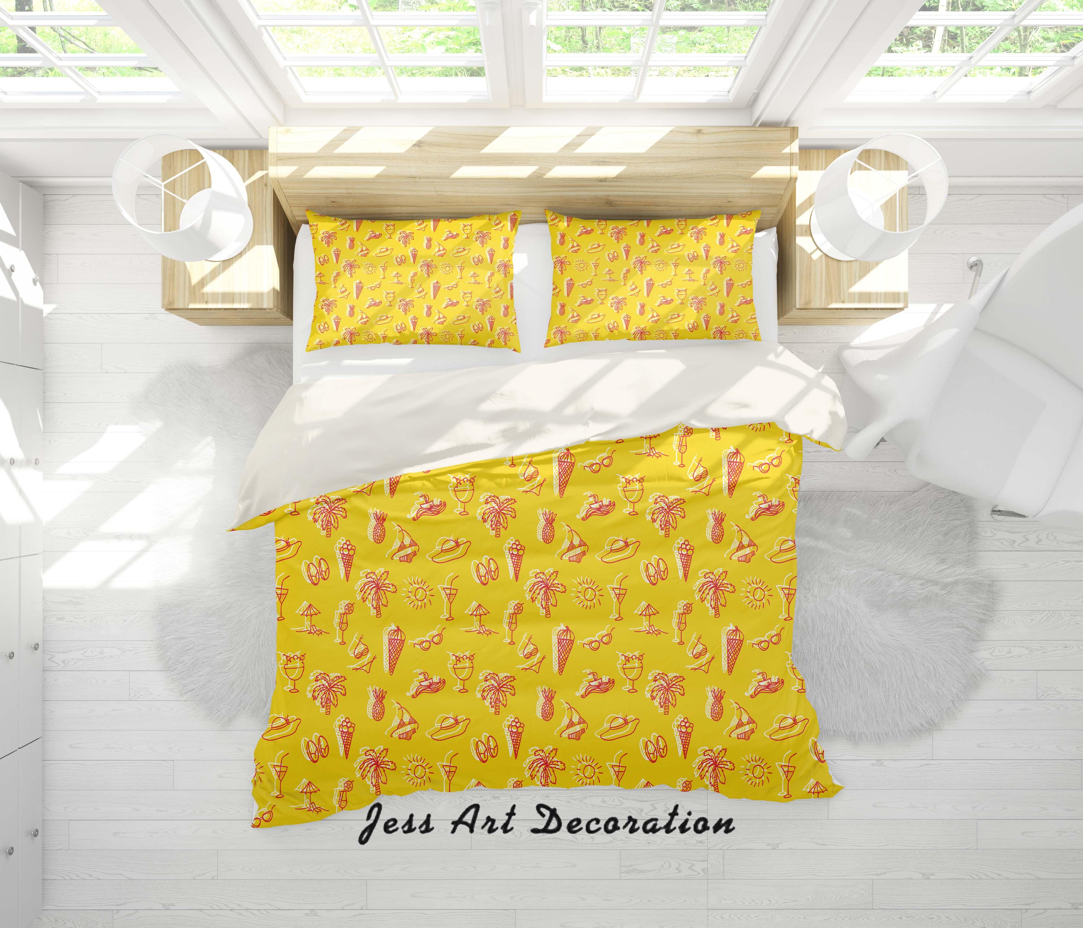 3D Yellow Seaside Vacation Swimsuit Sunglasses Pineapple Drink Tree Quilt Cover Set Bedding Set Pillowcases 27- Jess Art Decoration