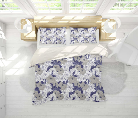 3D Grey Blue White Floral Quilt Cover Set Bedding Set Pillowcases 165- Jess Art Decoration