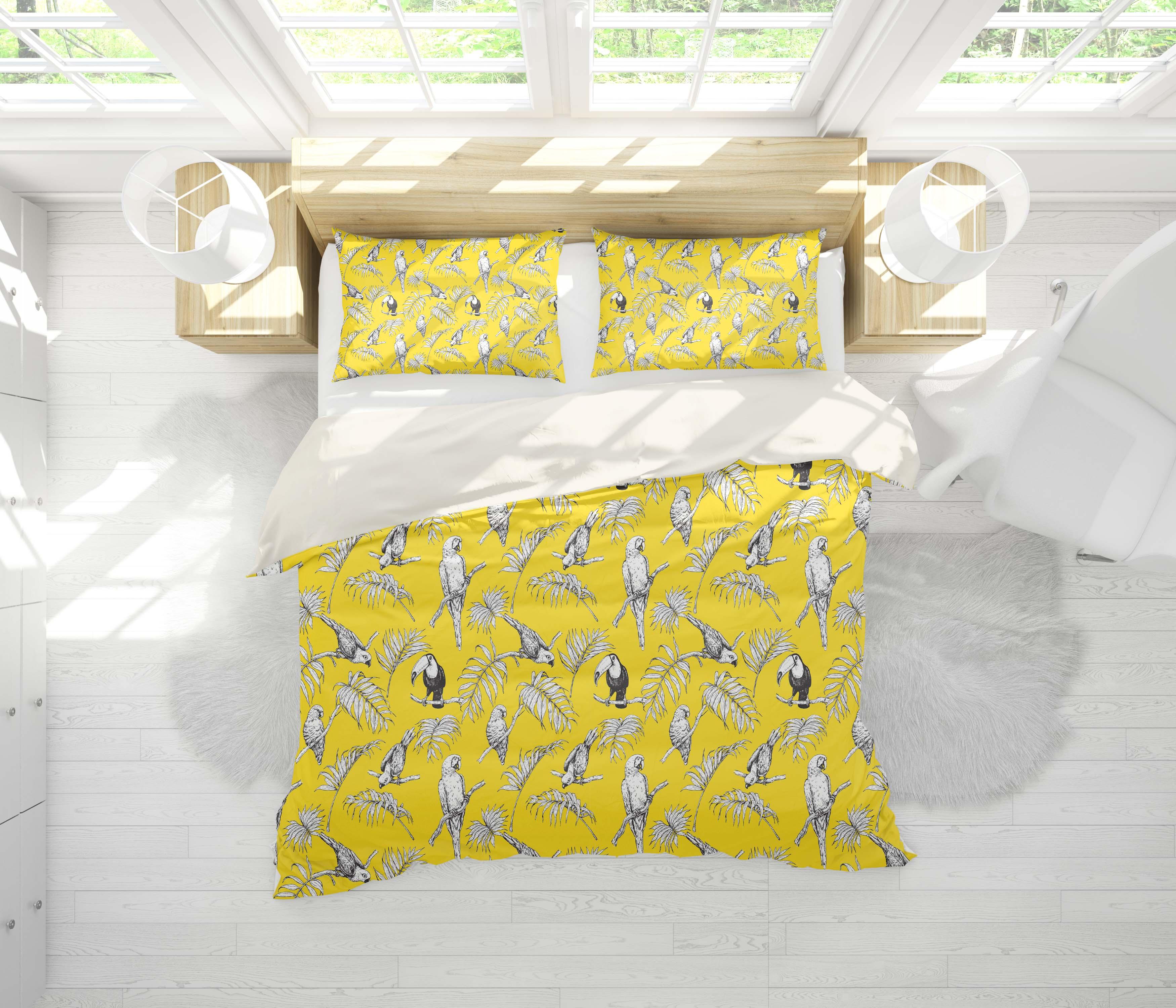 3D Yellow Toucan Parrot Leaves Quilt Cover Set Bedding Set Pillowcases 104- Jess Art Decoration