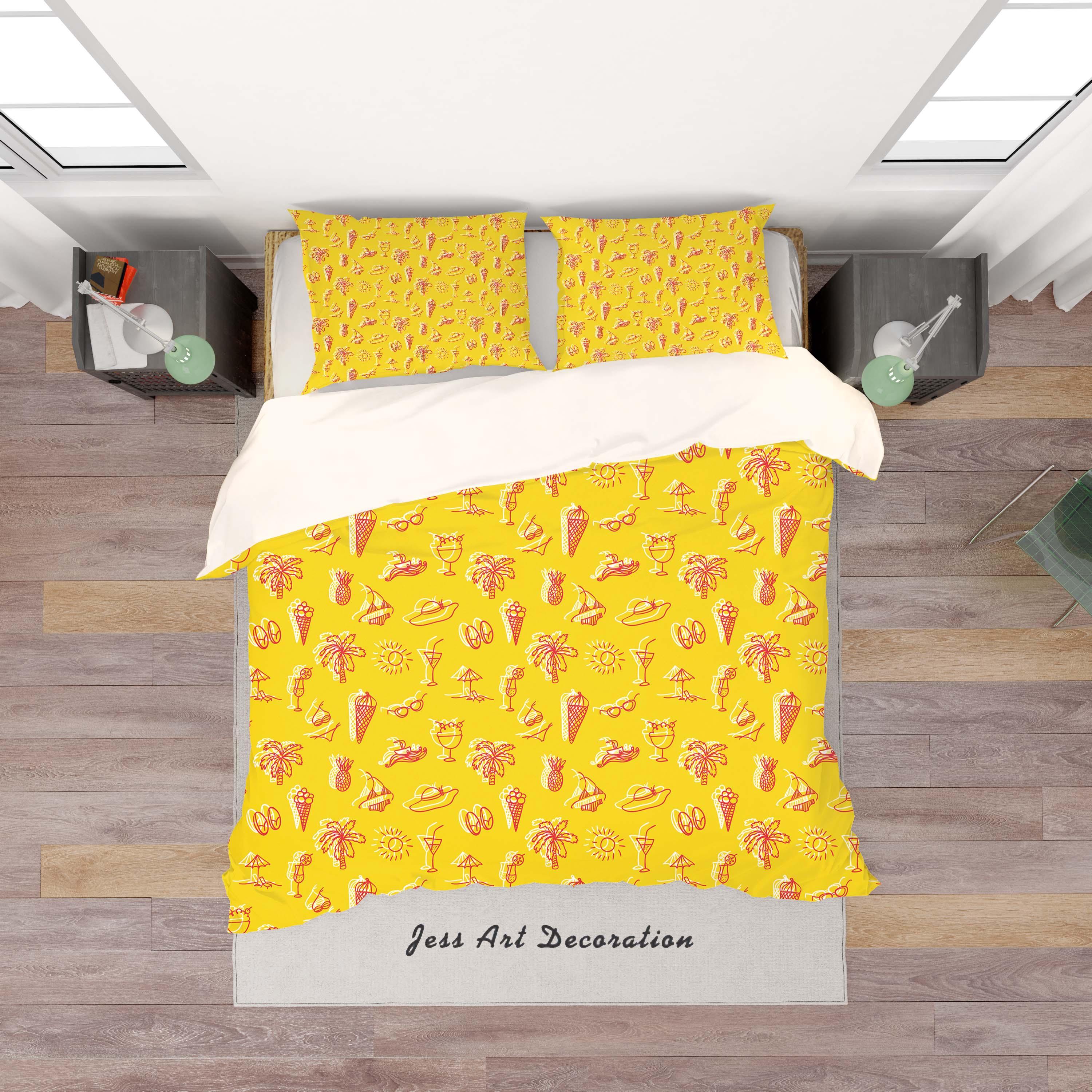3D Yellow Seaside Vacation Swimsuit Sunglasses Pineapple Drink Tree Quilt Cover Set Bedding Set Pillowcases 27- Jess Art Decoration