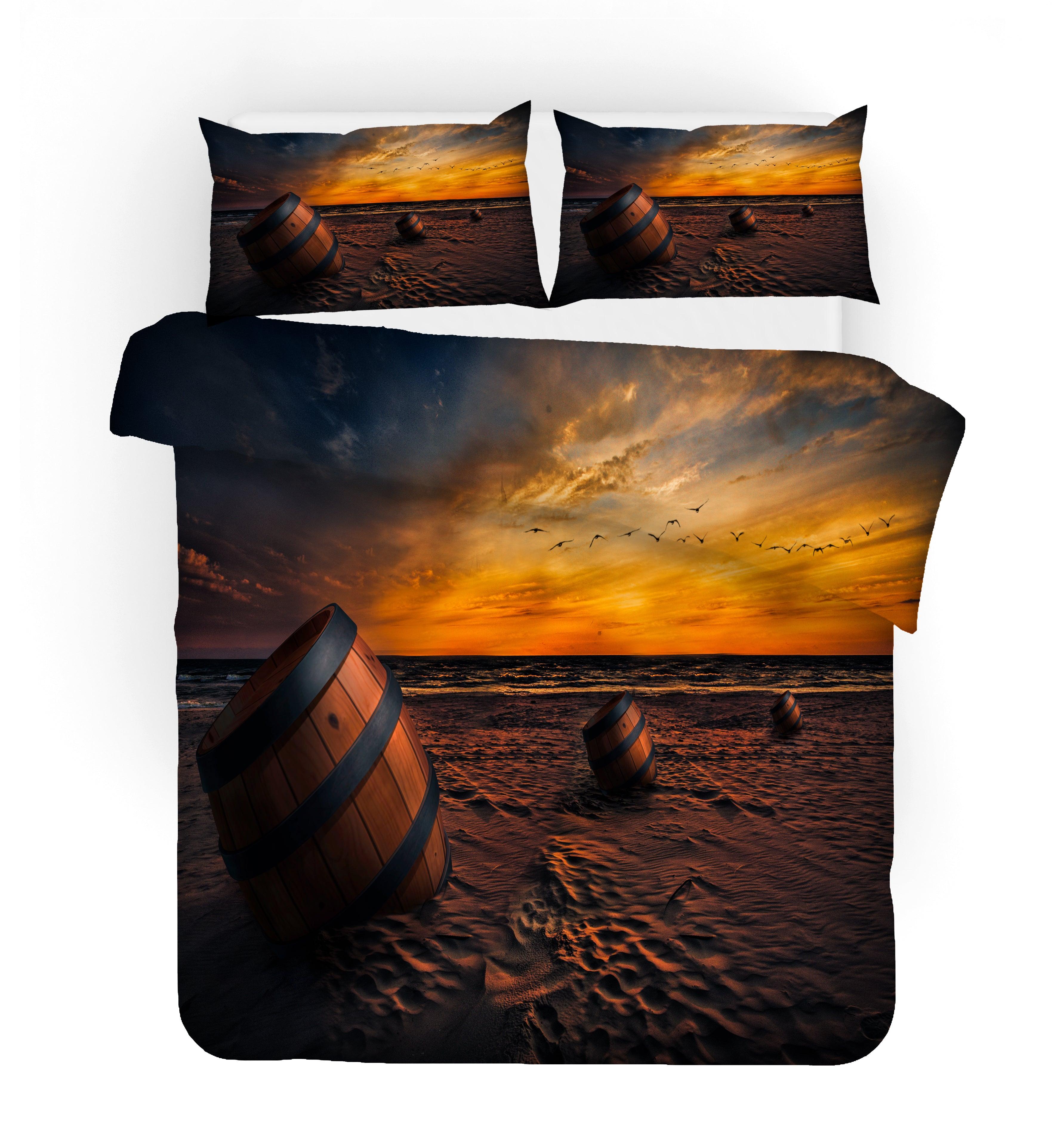 3D Sunset Beach Wooden Barrel Quilt Cover Set Bedding Set Pillowcases 79- Jess Art Decoration