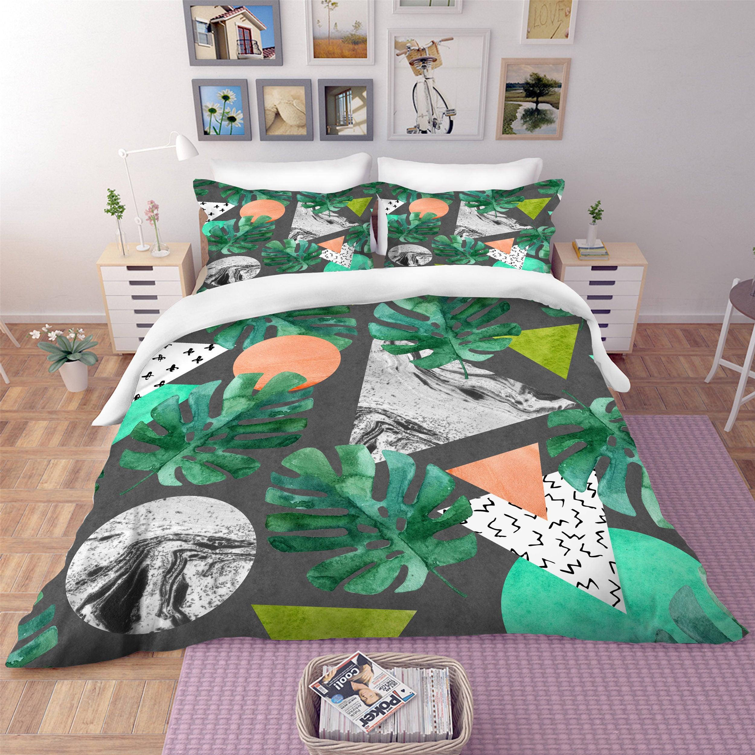 3D Green Leaves Triangle Quilt Cover Set Bedding Set Pillowcases 121- Jess Art Decoration