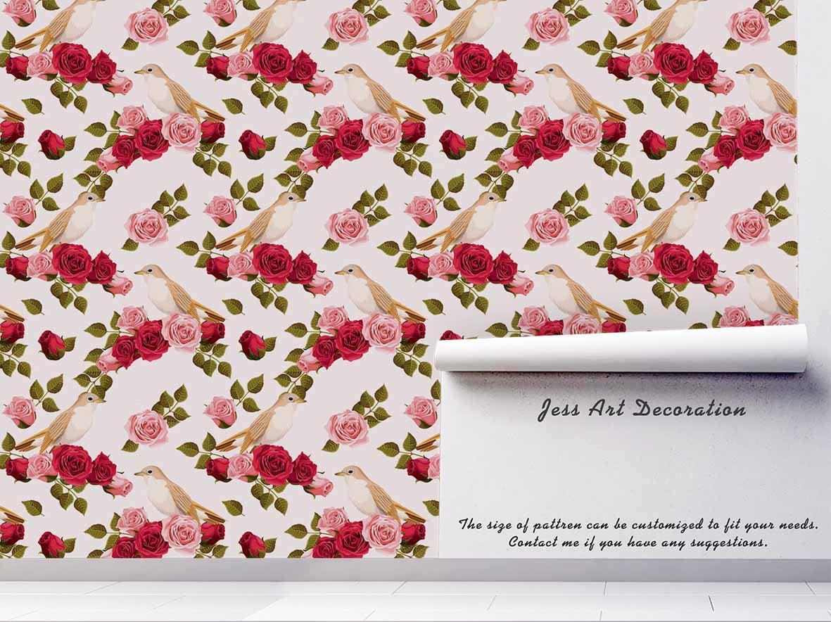 3D Red Pink Rose Flowers Birds Wall Mural Wallpaper SF15- Jess Art Decoration