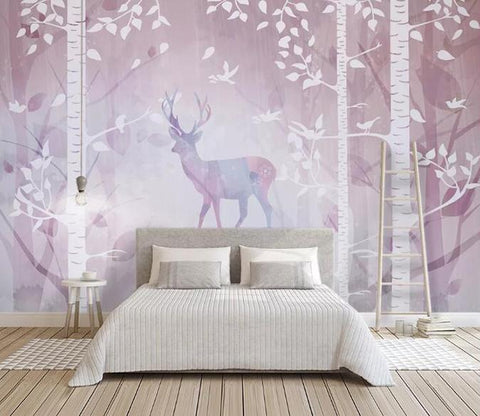 3D Pink Dreamlike Deer Forest Wall Mural Removable 126- Jess Art Decoration