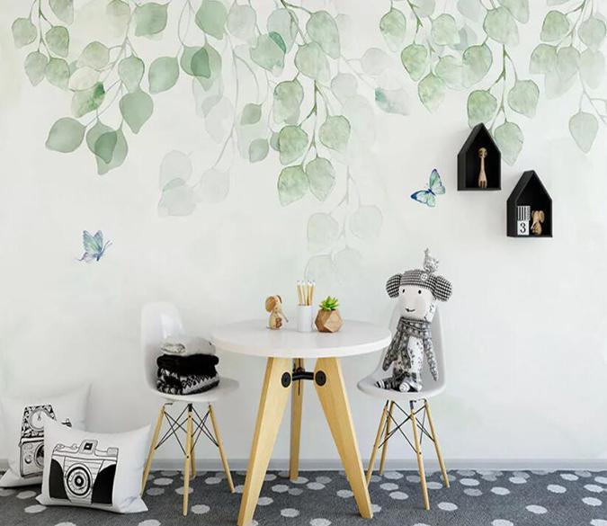 3D Watercolor Leaves Butterfly Wall Mural Removable 173- Jess Art Decoration