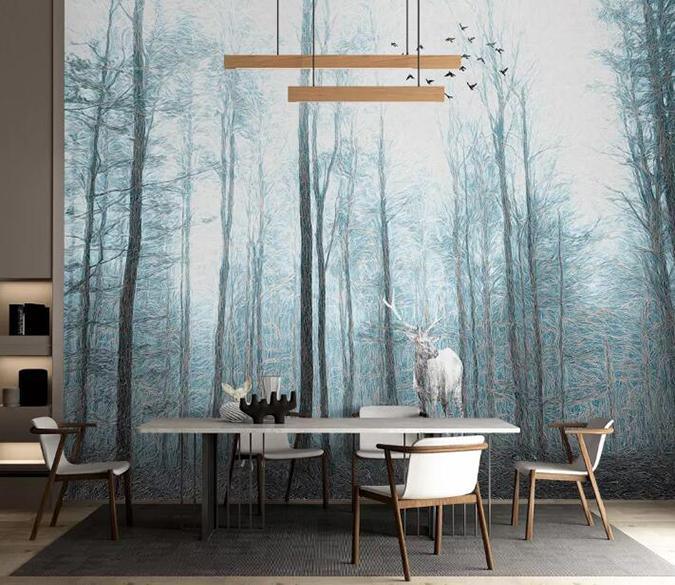 3D Mysterious Misty Forest Deer Wall Mural Removable 101- Jess Art Decoration